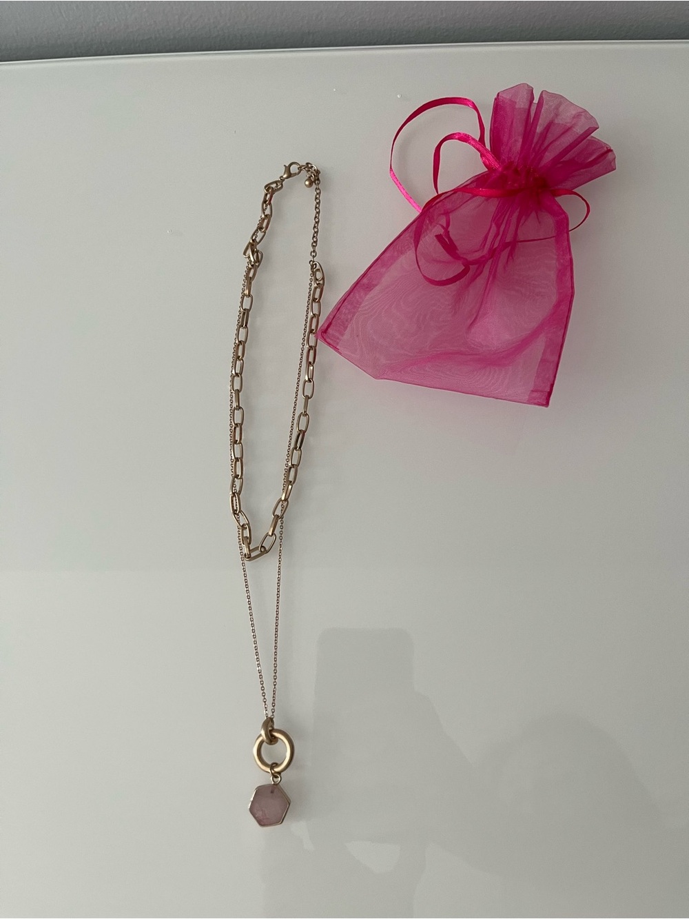Gold Tone Layered Necklace with Pink Stone Pendant
